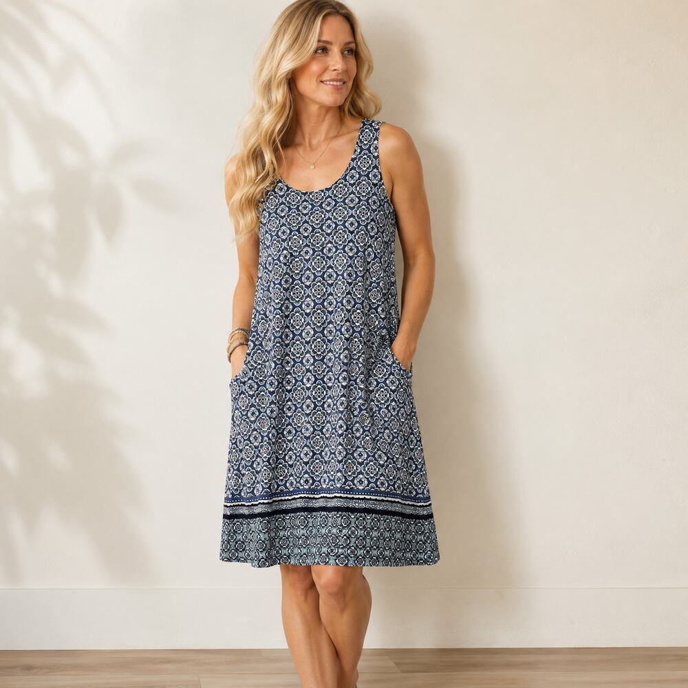 J. Jill Knit Shift Tank Dress with Pockets Womens Large Blue Medallion Comfy